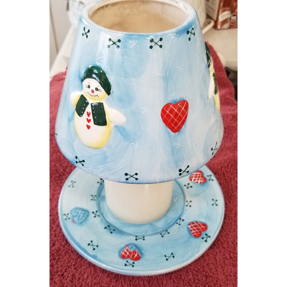 Snowman Jar Candle Lamp pottery porcelain Winter Christmas Plate & Shade